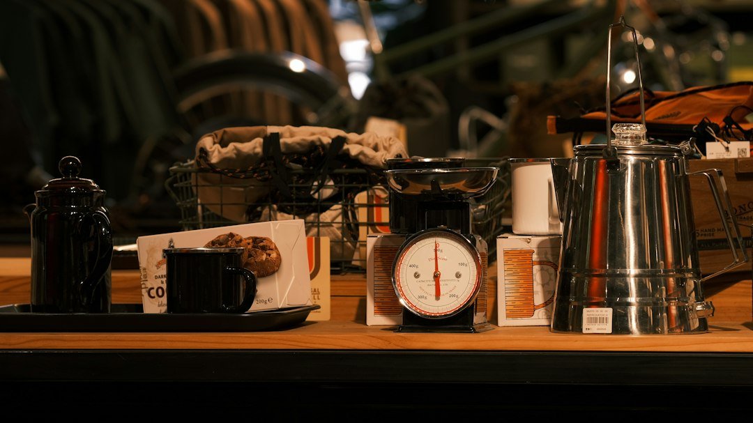 Coffee-making tools are neatly displayed on a counter